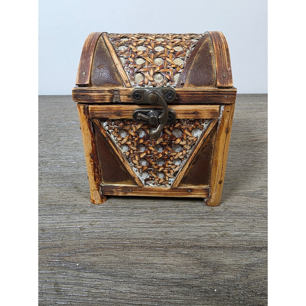 Vintage Woven Bamboo & Wood Treasure Chest Trinket Box Miniature Cane Dome Top